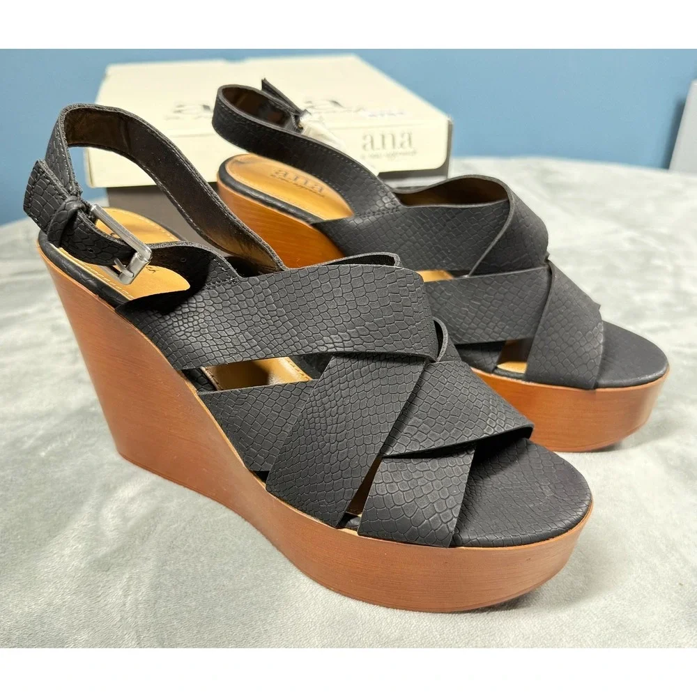 ana Dorian Womens 10 Black Platform Wedge Sandals Crisscross Strap